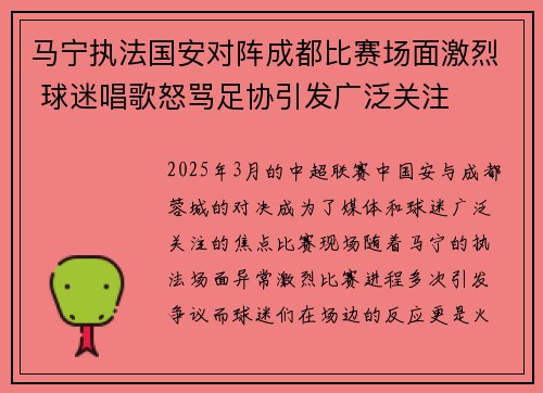 马宁执法国安对阵成都比赛场面激烈 球迷唱歌怒骂足协引发广泛关注