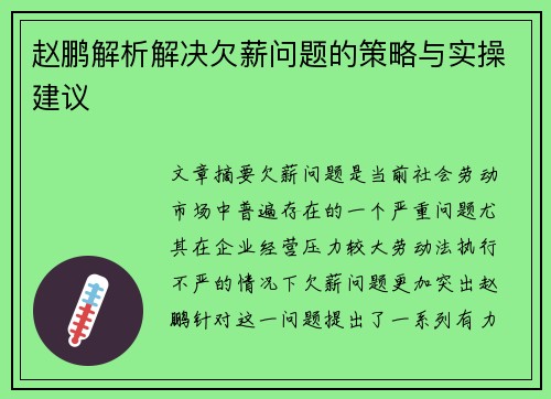 赵鹏解析解决欠薪问题的策略与实操建议