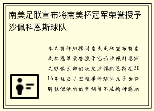 南美足联宣布将南美杯冠军荣誉授予沙佩科恩斯球队