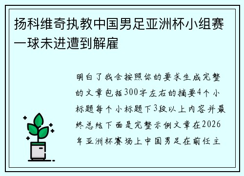 扬科维奇执教中国男足亚洲杯小组赛一球未进遭到解雇